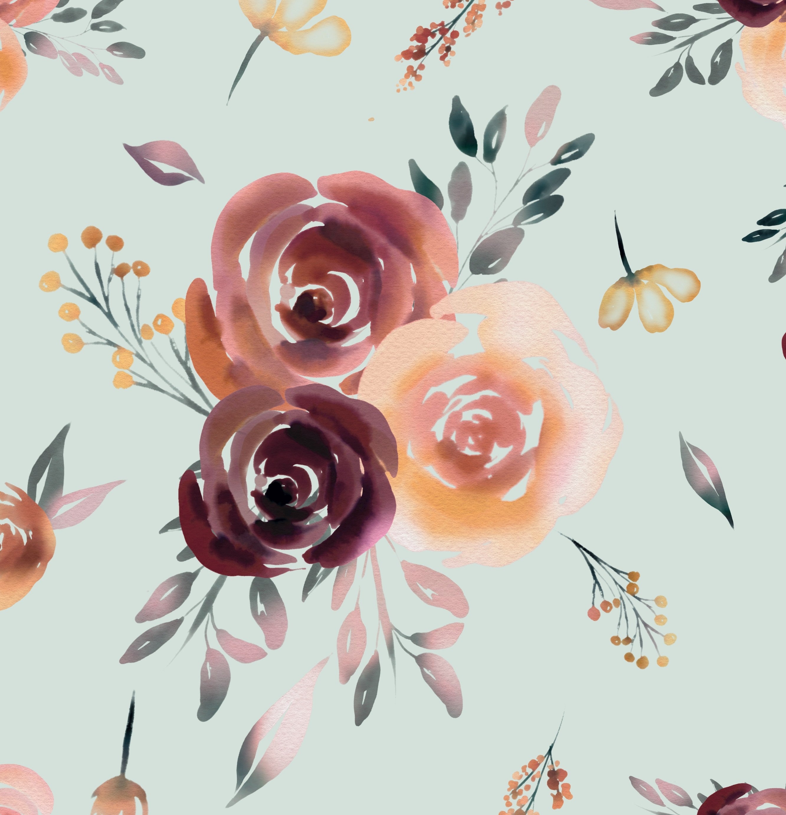 Fleurs roses sur menthe