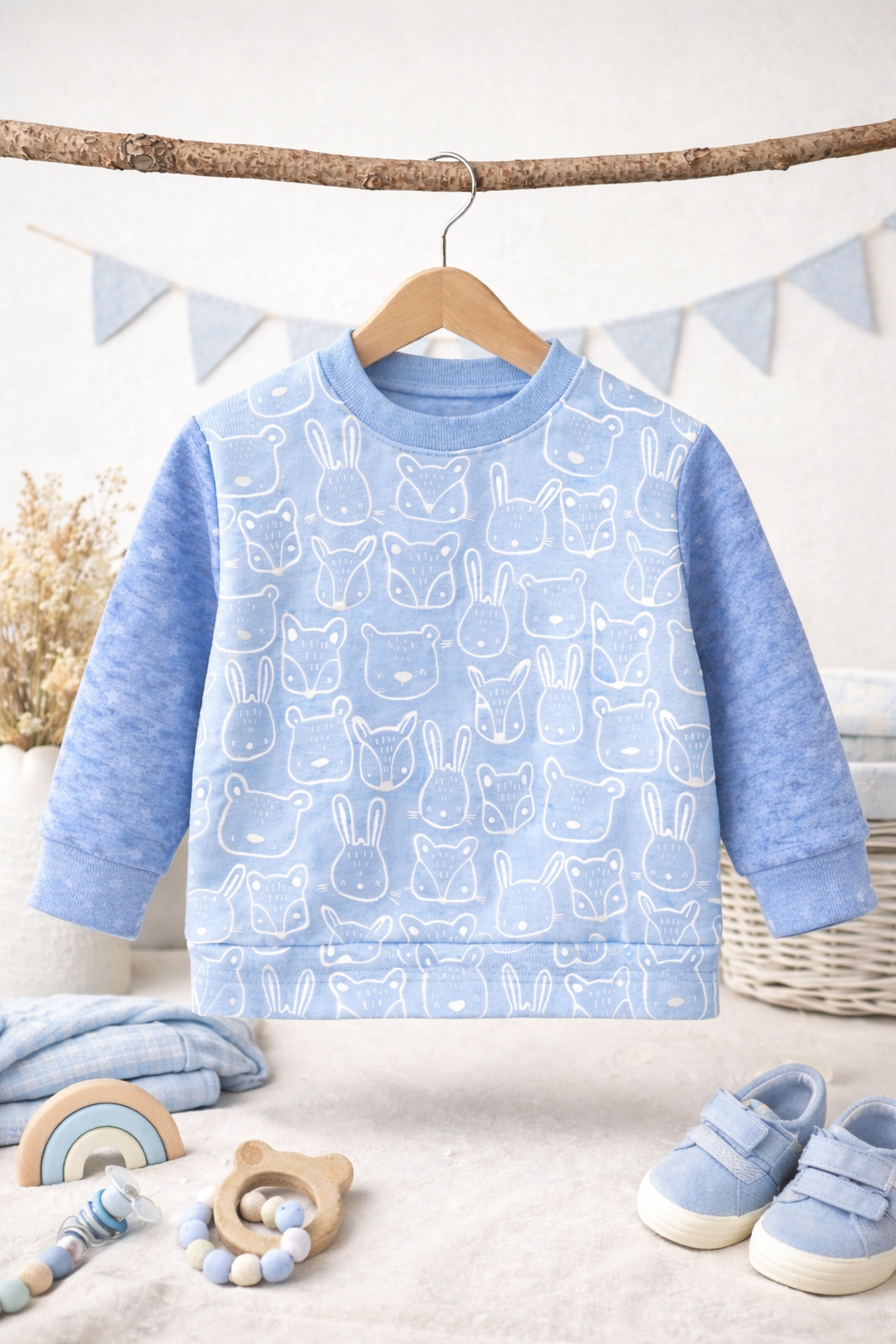Oversize Pullover Waldtiere blau
