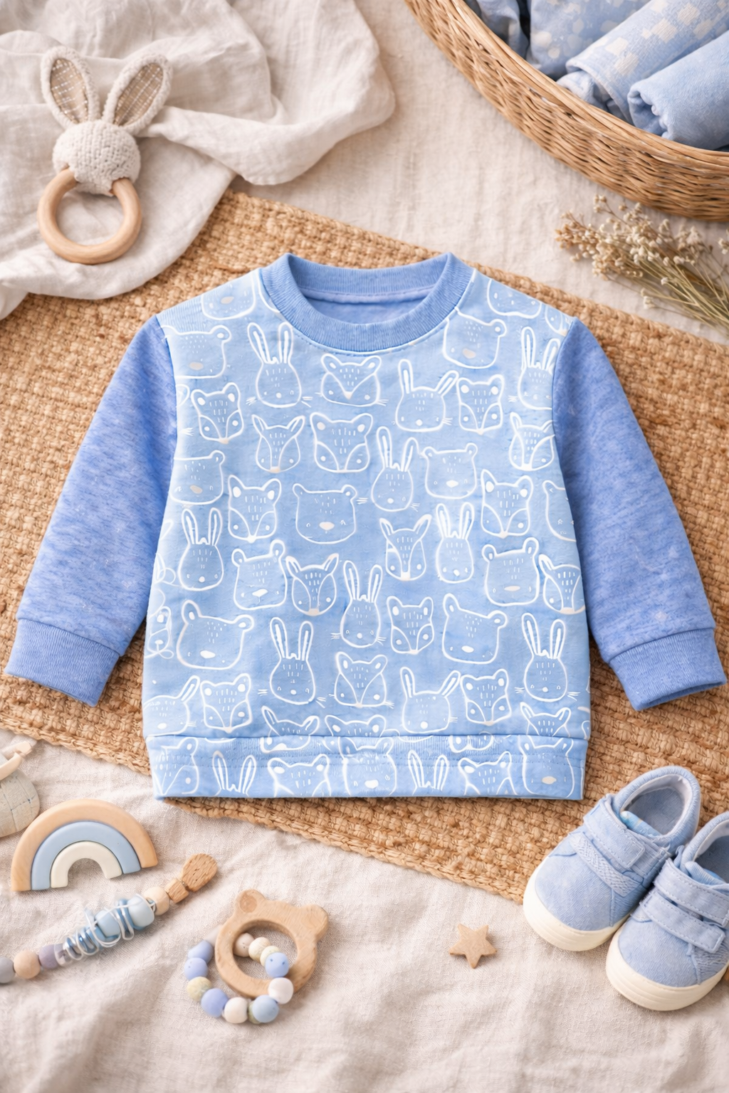 Oversize Pullover Waldtiere blau