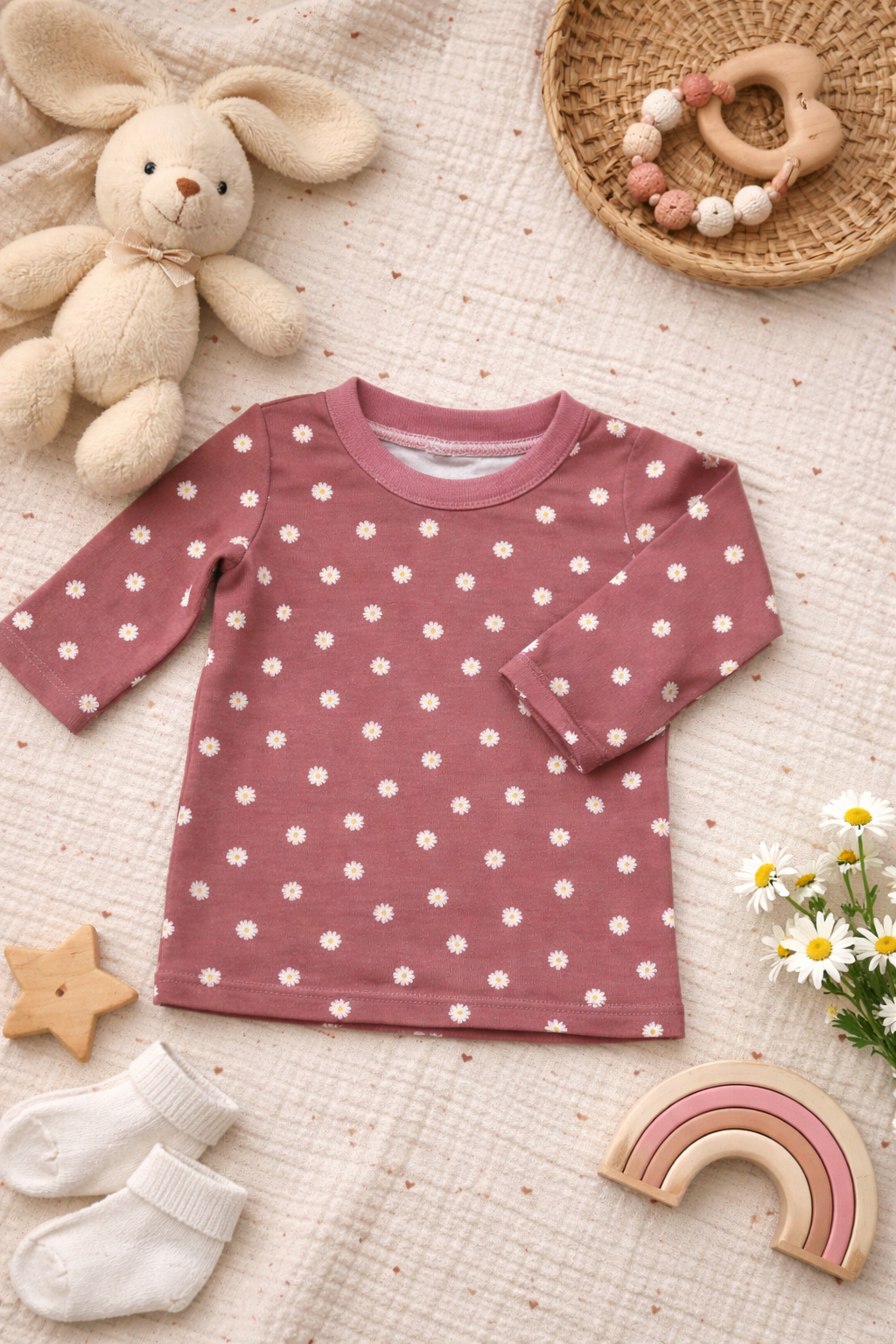 T-shirt manches longues fleurs rose ancien