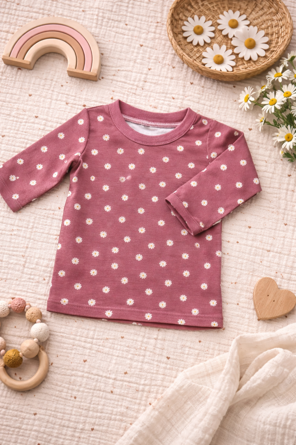 T-shirt manches longues fleurs rose ancien