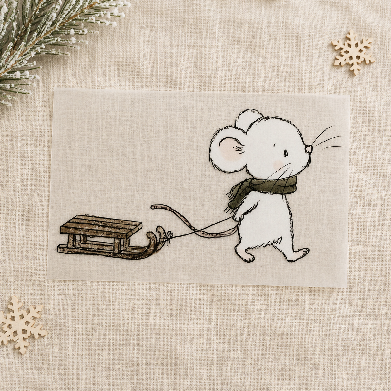 Bügelbild Maus mit Schlitten