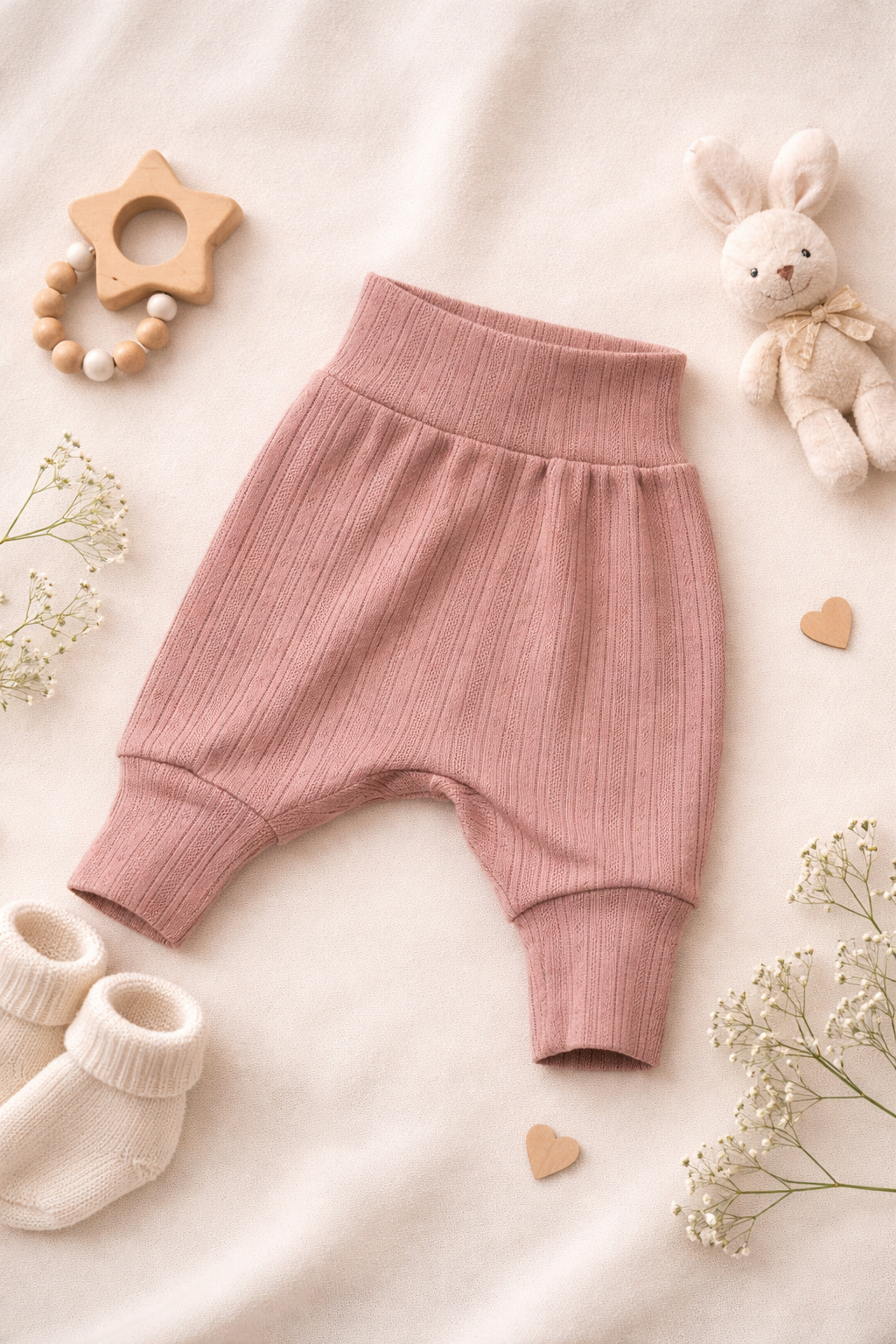 Sarouel vieux rose en maille fine avec broderie ajourée