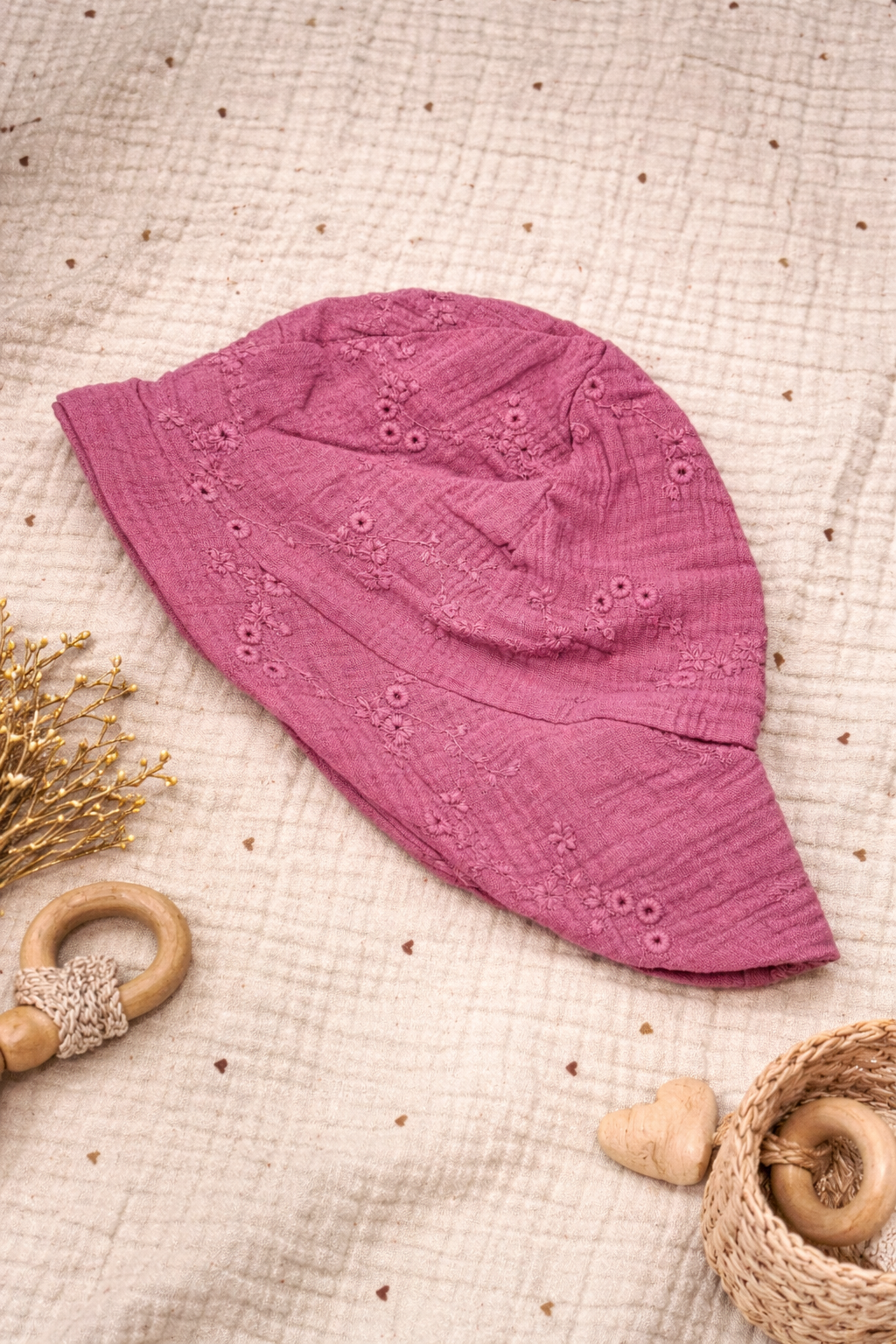 Musselin Sonnenhut rosa stickerei